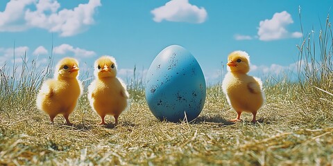 Cute chicks near a blue egg