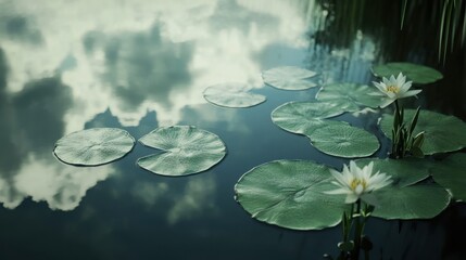 Serene water lily pond reflecting clouds, showcasing nature's tranquility and beauty