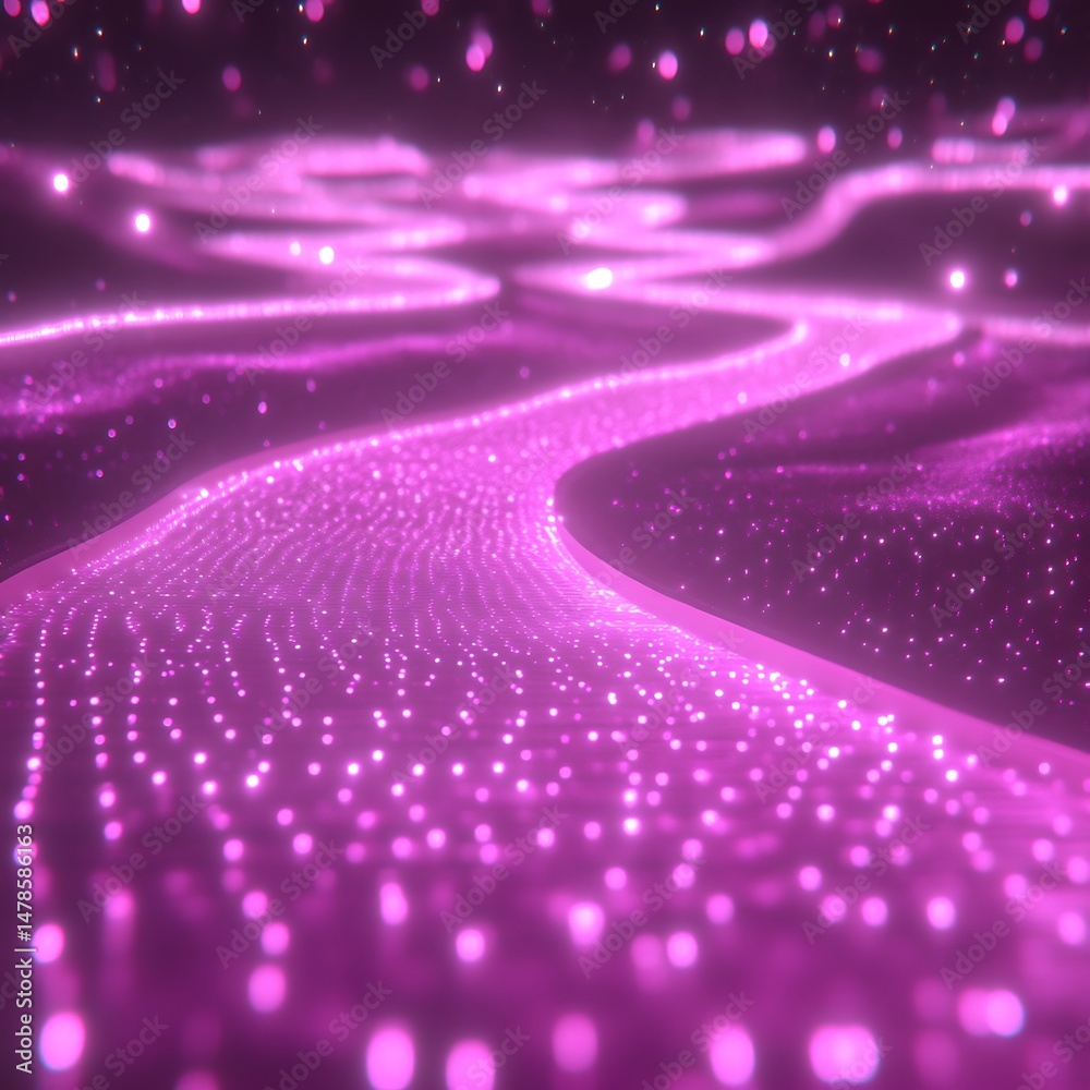 Poster abstract glowing river network. a mesmerizing display of pink, glowing, flowing lines and particles,