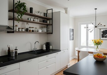 Fototapeta premium Bright kitchen interior with open shelving, white cabinets and black countertops
