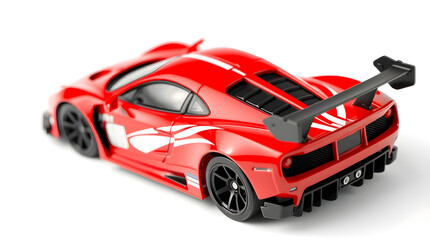 Red racing car toy isolated on white background showing rear wing