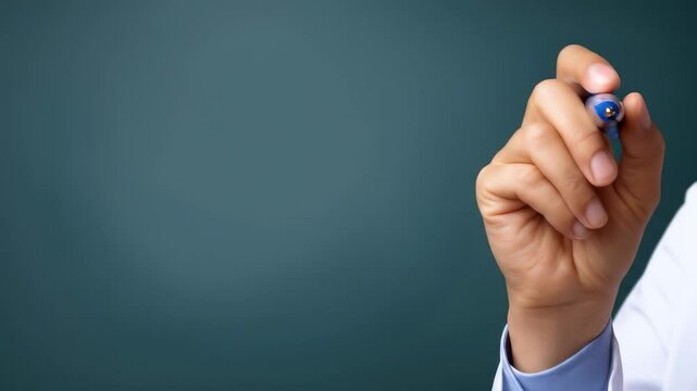 Hand holding blue pen writing on chalkboard with focus on fingers, symbolizing education, creativity, and learning process