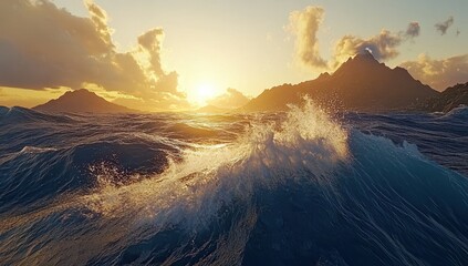 Epic sunset over turbulent ocean waves