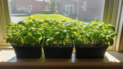 Basil plant thriving in a kitchen window