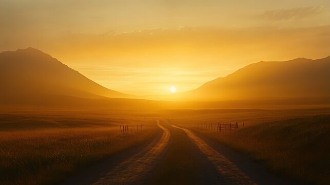 Serene sunset over winding road in tranquil valley with mountains and golden sky