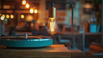 Vintage Turntable with Cafe, and Edison Bulb.