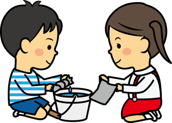 雑巾しぼりをする小学生男女