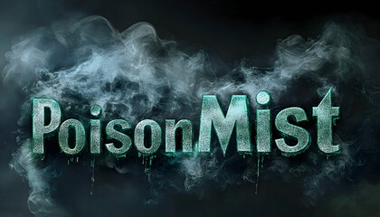 Textured "PoisonMist"  rendered in teal, dripping with an icy effect, set against a smoky, dark background
