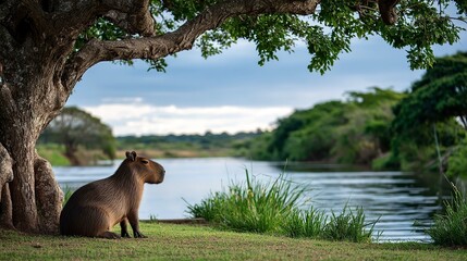 Capybara by river under tree