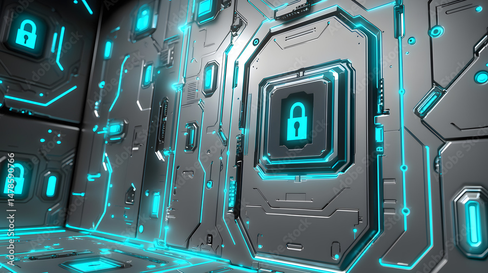 Poster enhancing cybersecurity digital locks and firewalls virtual space guide secure environment technical