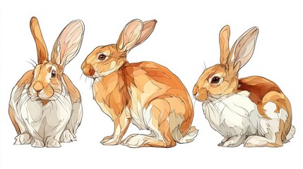 Obraz premium Adorable Brown Rabbits Watercolor Painting Clipart Set
