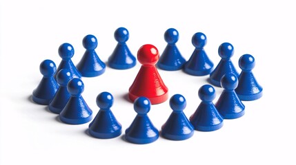 Obraz premium Central Red Pawn Surrounded by Blue Pawns: A Bold Symbol of Leadership and Individuality