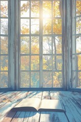Fototapeta premium Open Book on Wooden Floor by Window with Autumn View in Sunlight, Cozy Interior Scene, Warm Tones, Relaxing Atmosphere, Reading Nook