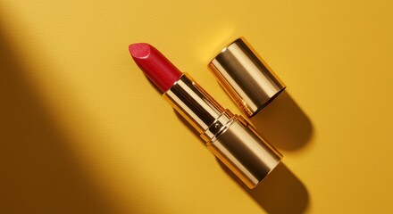 Opened red lipstick with gold tube on yellow background