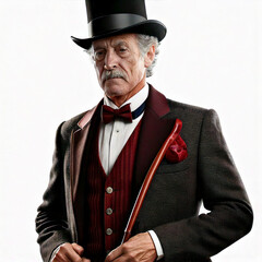 vintage fashion, 19th-century style, older gentleman, bowler hat, red waistcoat, classic attire, period costume, historical clothing, formal wear, Victorian influence, retro elegance, mature man, trad