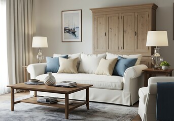 Living room interior with white sofa, wooden table and cabinet