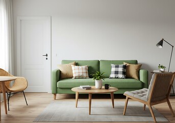 Living room interior with green sofa and neutral decor against a white wall
