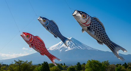 Three massive, intricately patterned Japanese kites shaped like fish fly against a clear blue sky