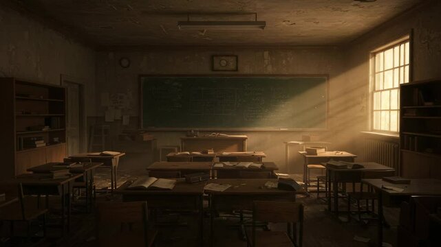 wooden desks, chalkboard, Animation empty school or university classroom with big chalkboard. 4k video, empty classroom, abandoned school classroom, vintage classroom, old school classroom,