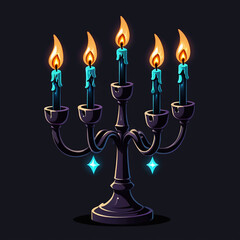 Fototapeta premium Five blue candles flicker on an ornate black candelabra, casting an enchanting glow in the dark.