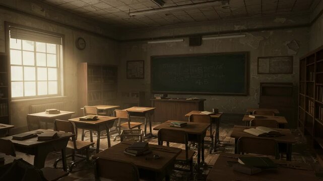 chalkboard, Animation empty school or university classroom with big chalkboard. 4k video, empty classroom, abandoned school classroom, vintage classroom, old school classroom, wooden desks,