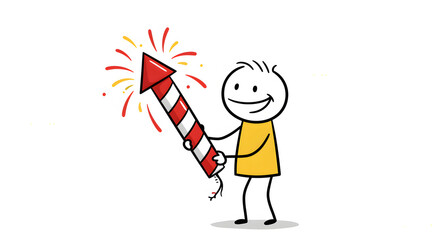 A stick man figure gripping a long, red and white striped firework in his hand