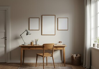 Home office setup with desk lamp, framed art and chair in a neutral room