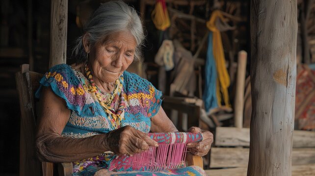 Elderly Guna Yala woman weaving a traditional mola textile on a wooden porch, surrounded by colorful fabric and handmade materials. Authentic documentary scene celebrating Indigenous craft and heritag