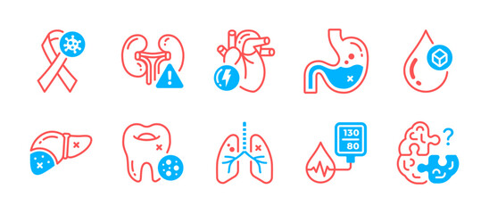 Stylish dual tone icons featuring diseases such as hypertension, blood sugar, and Alzheimer. Ideal for medical infographics and presentations.