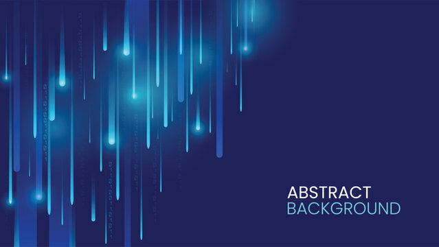 Technology themed digital abstract design with vertical glowing lines and binary code on dark blue