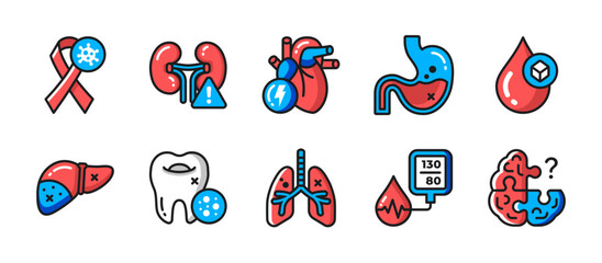 Colorful icons with line art style. Illustrates various diseases including liver, dental, and respiratory issues. Great for educational medical content.