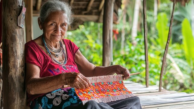 Elderly Guna Yala woman weaving a traditional mola textile on a wooden porch, surrounded by colorful fabric and handmade materials. Authentic documentary scene celebrating Indigenous craft and heritag