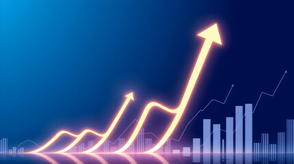 Glowing upward arrows symbolizing growth and success on blue background