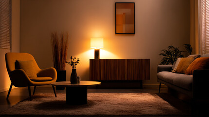 Living room interior design ideas with modern sofa and armchair furniture home decor and warm lighting