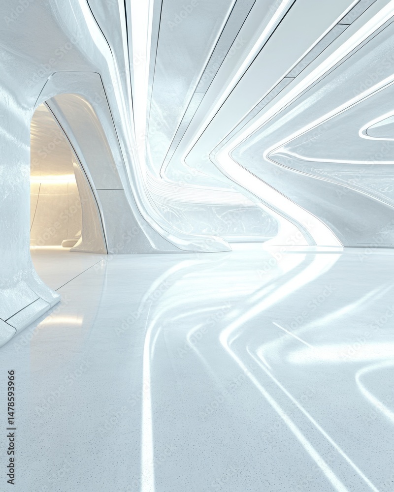 Poster futuristic architecture interior design of a modern building with white walls and light patterns in 