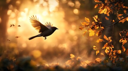 Obraz premium A tranquil photograph capturing a single sparrow in graceful flight over a misty forest landscape at the soft dawn creating a peaceful and ethereal atmosphere with ample copy space