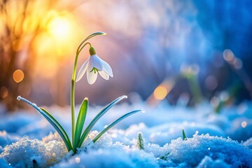 Minimalist Winter Floral Panoramic Wallpaper: Delicate Snowdrop Blooms on Frosty Branches