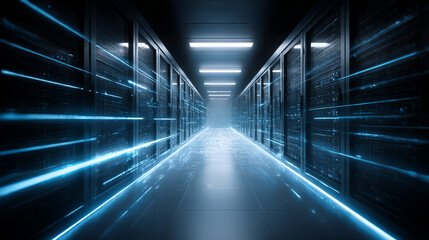 Fototapeta premium Data center server room with blue light trails and network connection for cloud computing it infrastructure