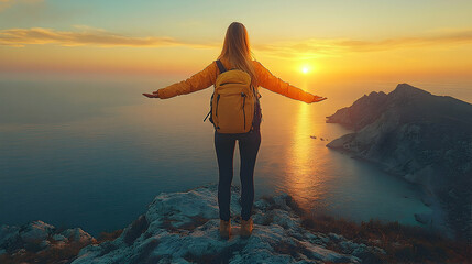 Woman hiker stands on mountaintop, arms outstretched, gazing at breathtaking sunset over ocean.  Golden hour light bathes scene