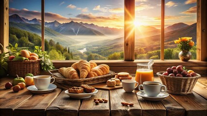 Misty Mountain Peaks Sunrise: Golden Rays Illuminating Breakfast Table