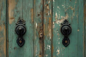 Fototapeta premium Aged teal wooden doors with ornate black handles