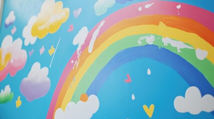 Banner of unidentified little girl is painting the colorful rainbow and sky on the wall and she look happy and funny