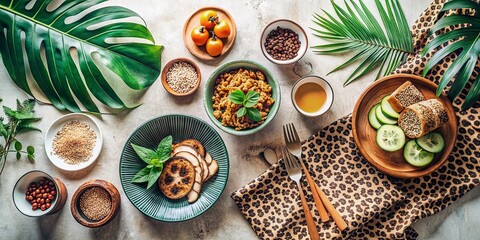 Modern Boho Animal Print Flatlay: Minimalist Home Decor & Stylish Food Photography