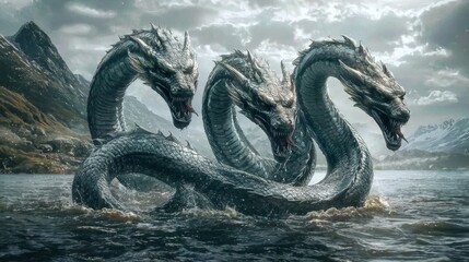 Obraz premium A captivating representation of a hydra in a serene lake environment, illuminated by noon sunlight.