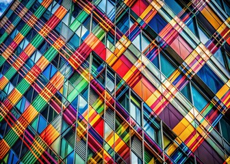 Modern Building Exterior with Geometric Plaid Design, Bokeh Background - Stock Photo