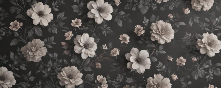 Subtle charcoal floral wallpaper, vintage feel, delicate blooms and leaves , leaves, decor, photography