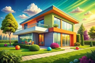 Modern Dream Home: Storybook Illustration - Cozy Family House Exterior