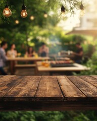 Rustic wooden table foreground with blurred backyard barbecue party scene in summer evening light