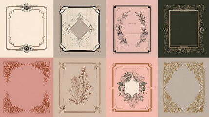 Collection of eight decorative frames with floral and geometric designs in various colors