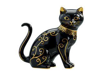 Elegant Black Cat Figurine with Gold Highlights on Transparent Background